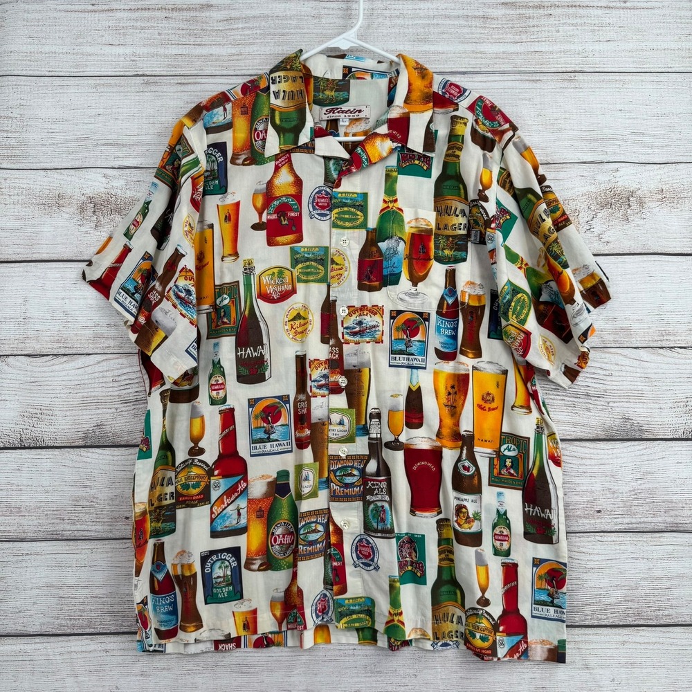 Katin Button Down Shirt Mens Large White Beer Label Print Hula Lager USA 482